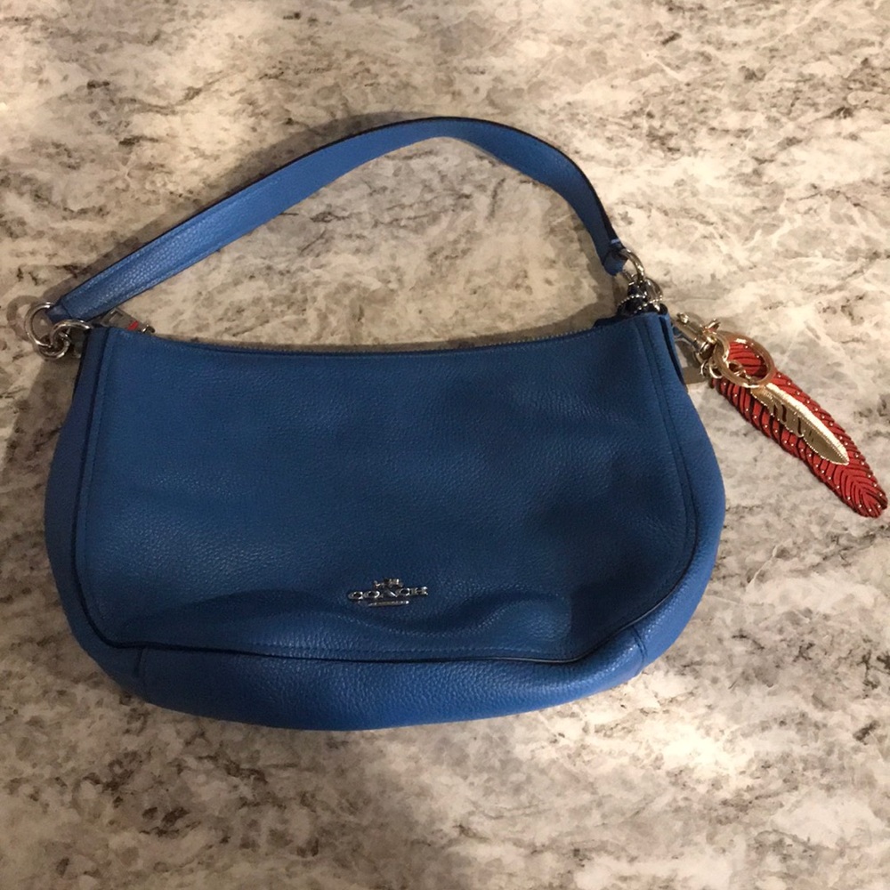 Coach Cobalt Blue Handbag with Feather Keychain